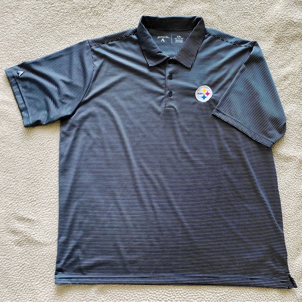 Antigua NFL Pittsburgh Steelers Black and Gray Striped Polo Shirt Size 2XL